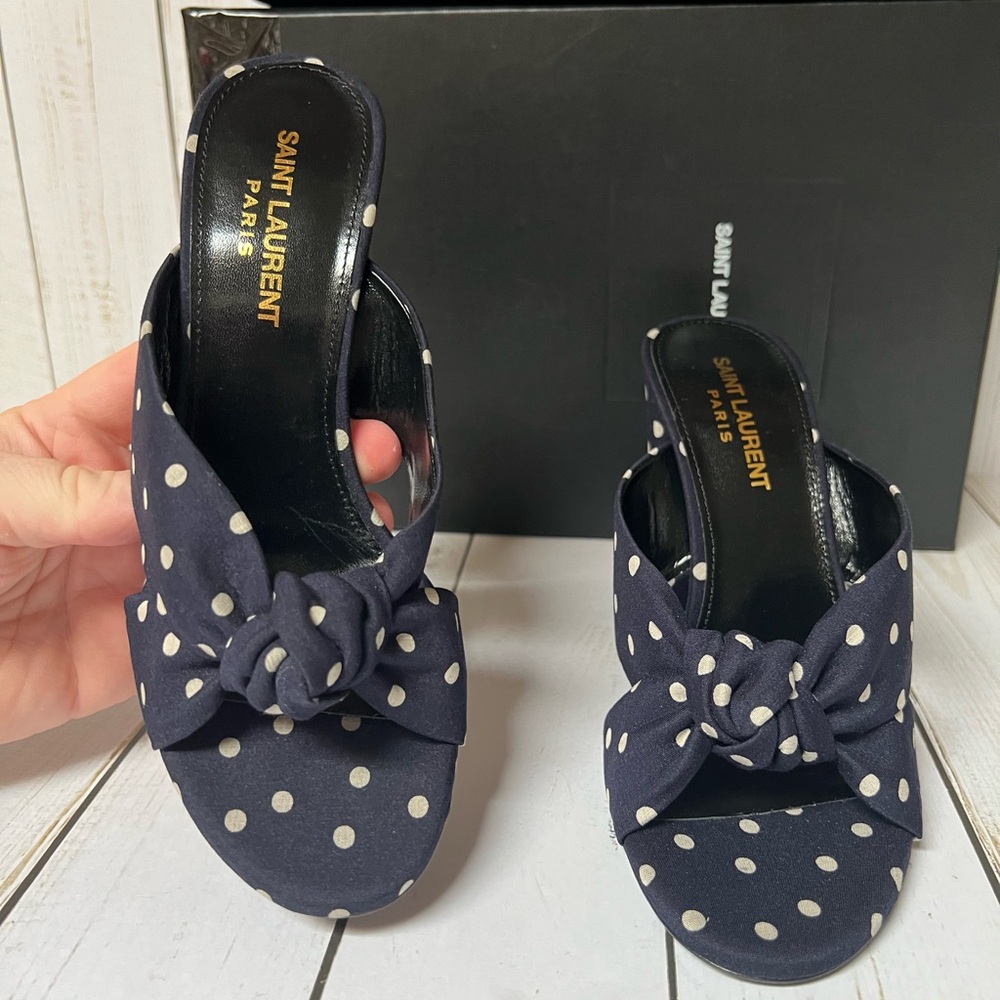 Saint Laurent Bianca 100 Polka Dot Satin Sandal Marine Navy/White Sz 37 / 7 - Picture 5 of 11
